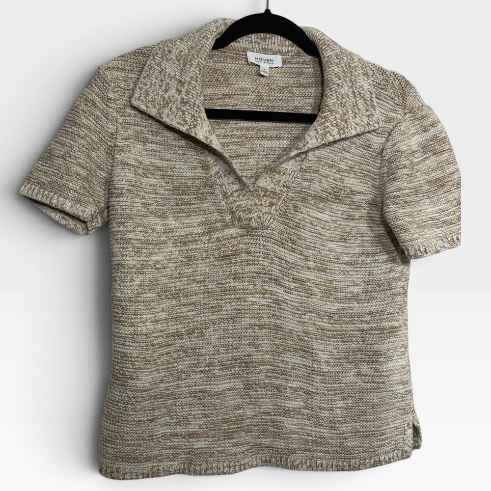 Talbots Linen Cotton Knit Polo Sweater Tan Flax Short Sleeve S Boho Fall Granola